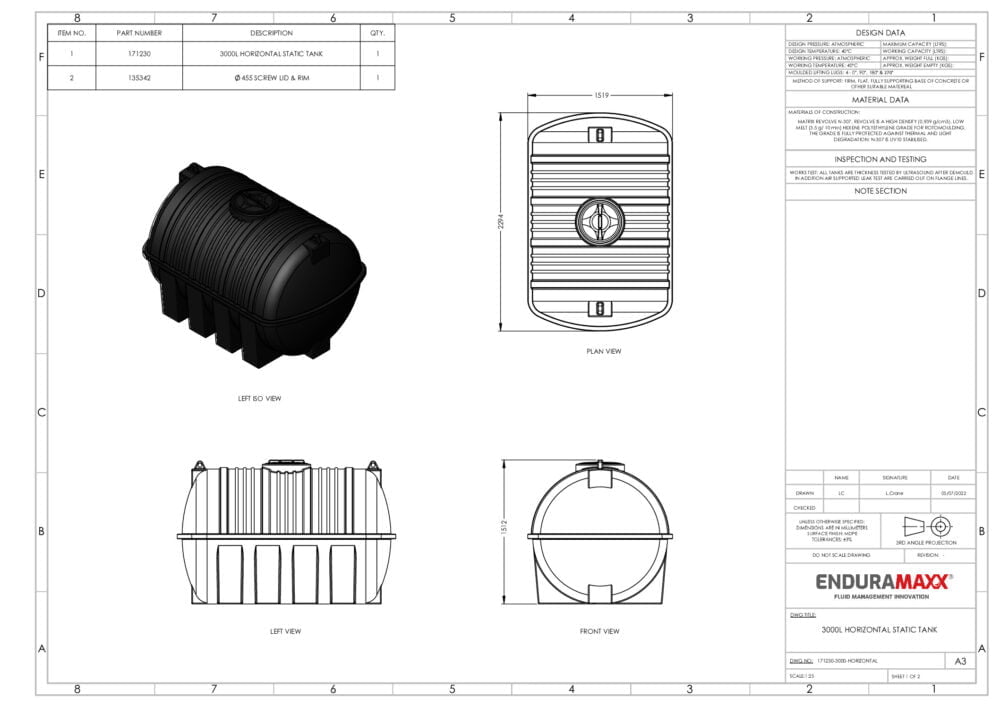 3000 Litre Static Horizontal Water Tank