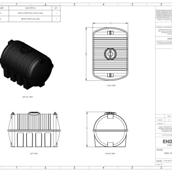 3000 Litre Static Horizontal Water Tank