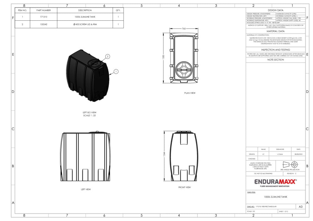 1000 Litre Slimline Insulated Water Tank