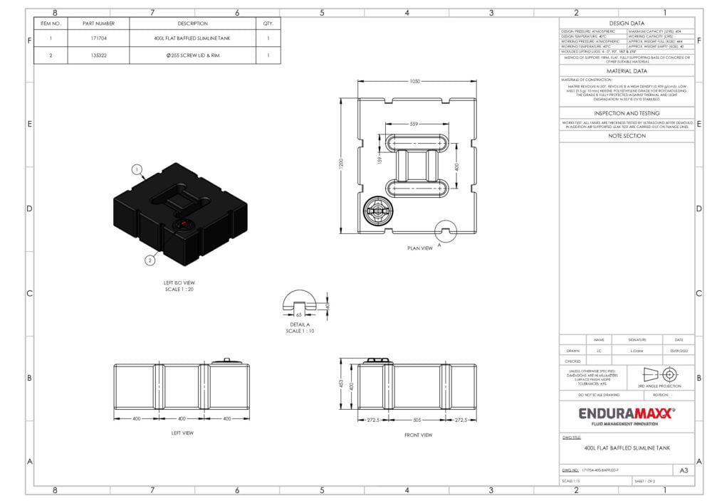 400 Litre Baffled Flat Water Tank