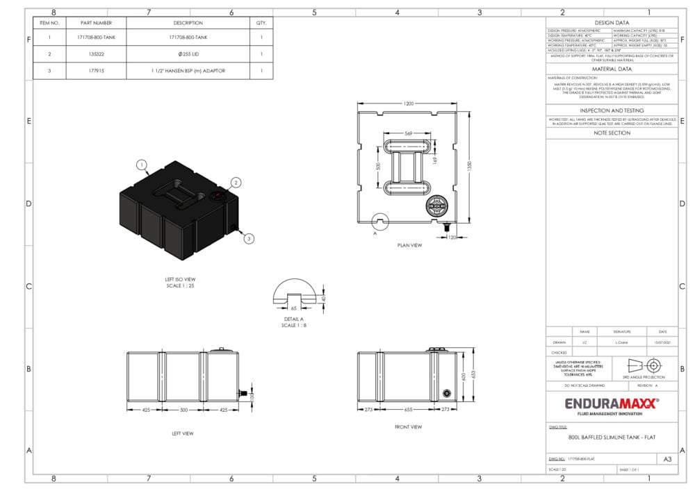 800 Litre Baffled Flat Water Tank