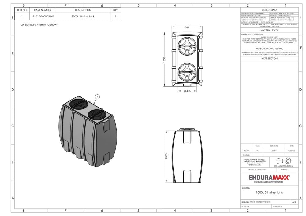 1000 Litre Rectangular Slimline Tank - 2 Lids