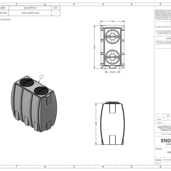 1000 Litre Rectangular Slimline Tank - 2 Lids